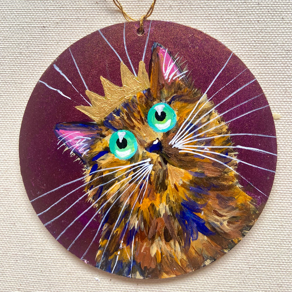 Crowned calico on purple/green - ornament